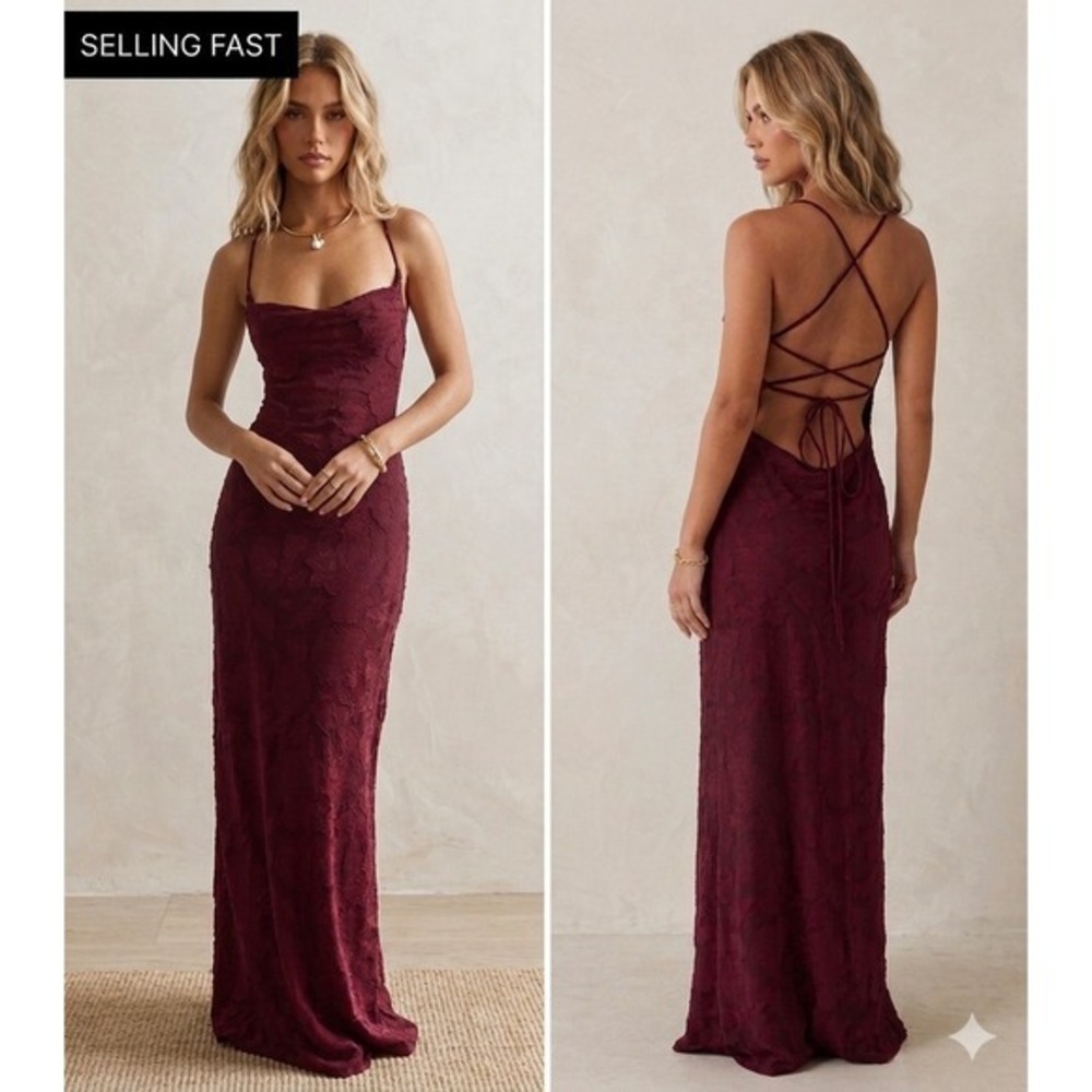 Princess Polly Coquette Celina Burgundy Floral Burnout Cowl Neck Lace Up HOCO 10